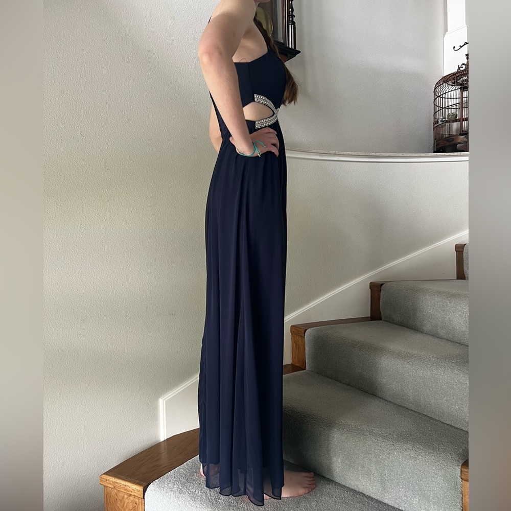 CLEARANCE Women’s Size 3 Navy Blue Full Length Cut Out Prom Dress W Faux Pearls - Picture 3 of 15